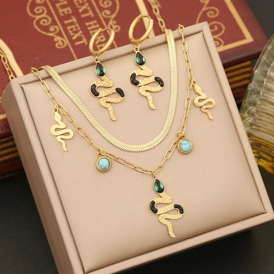 Simple Style Commute Snake Stainless Steel Plating Inlay Turquoise Zircon Earrings Necklace