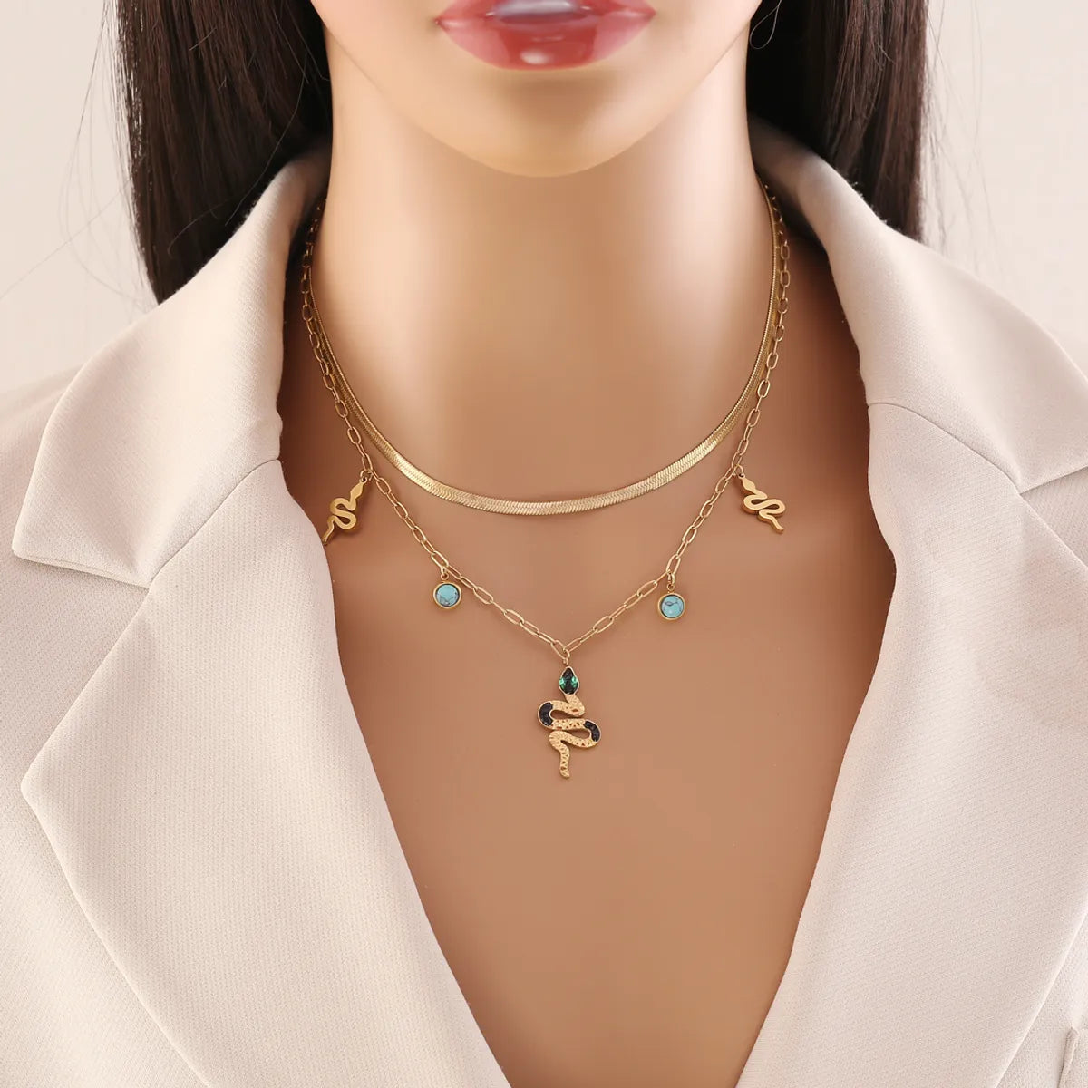 Simple Style Commute Snake Stainless Steel Plating Inlay Turquoise Zircon Earrings Necklace