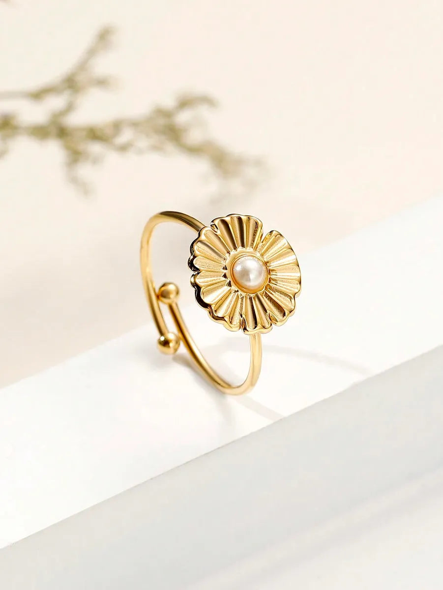 Simple Style Commute Solid Color Stainless Steel Plating Inlay Pearl 18k Gold Plated Open Rings