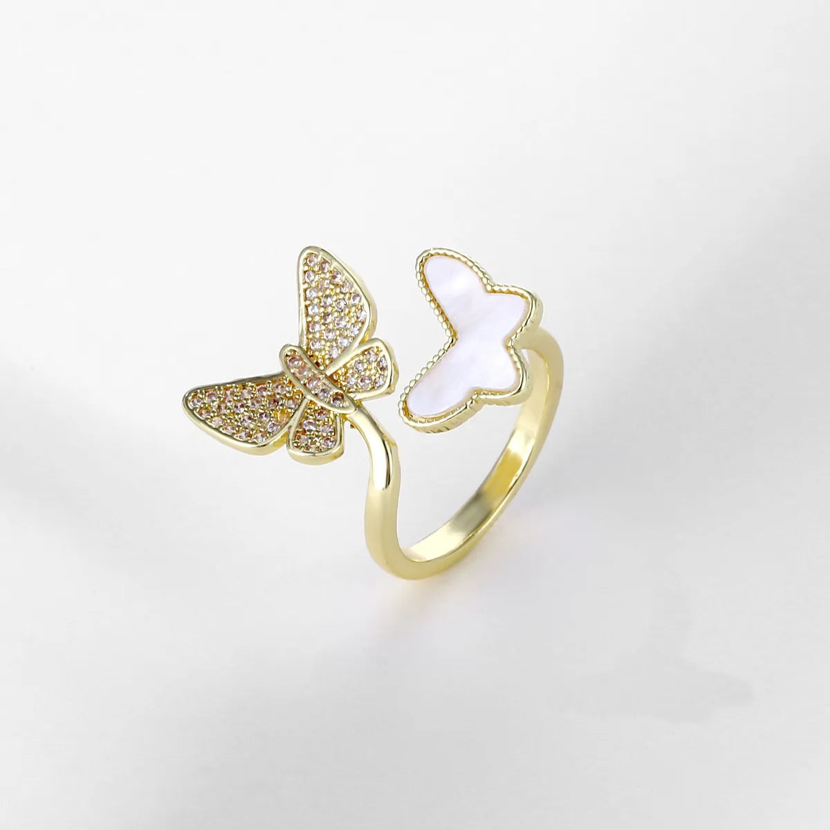 Simple Style Commute Star Heart Shape Butterfly Copper Plating Inlay Shell Zircon Gold Plated Open Ring