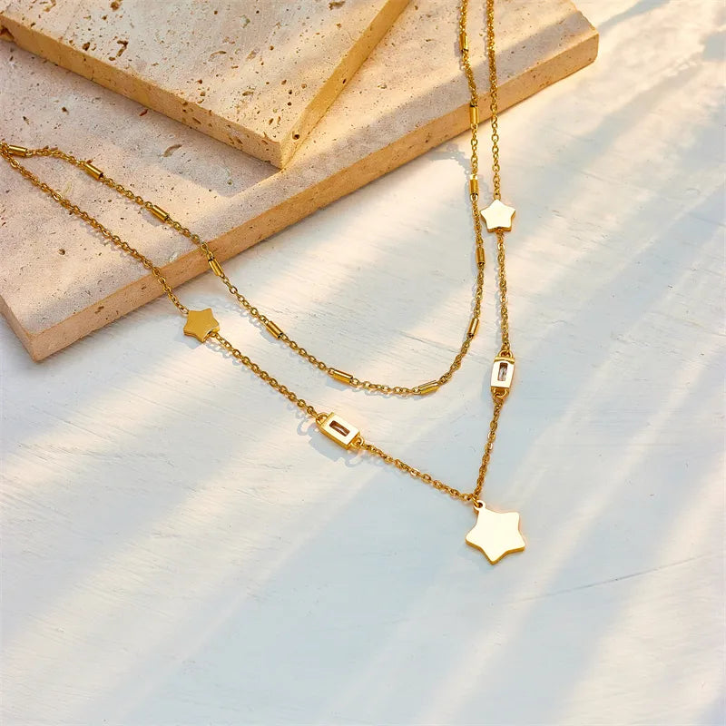 304 Stainless Steel 18K Gold Plated Simple Style Commute Plating Star Artificial Rhinestones Layered Necklaces