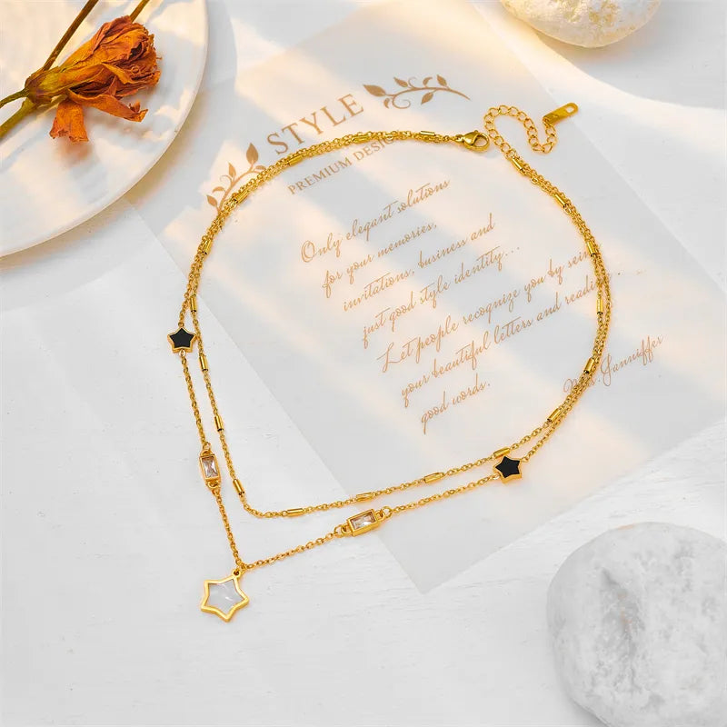 304 Stainless Steel 18K Gold Plated Simple Style Commute Plating Star Artificial Rhinestones Layered Necklaces