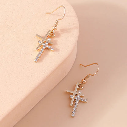 1 Pair Simple Style Cross Inlay Alloy Rhinestones Drop Earrings