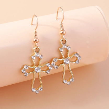 1 Pair Simple Style Cross Inlay Alloy Rhinestones Drop Earrings