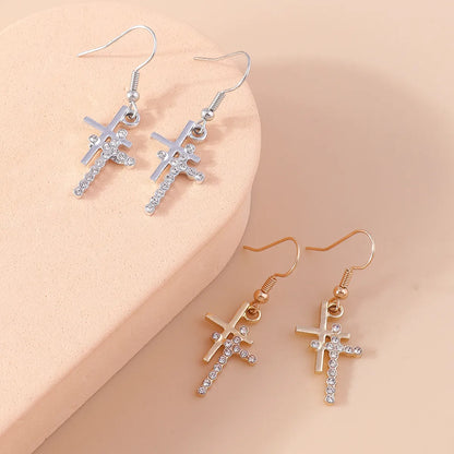 1 Pair Simple Style Cross Inlay Alloy Rhinestones Drop Earrings