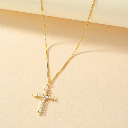 Simple Style Cross Alloy Plating Inlay Artificial Pearls Gold Plated Women's Pendant Necklace