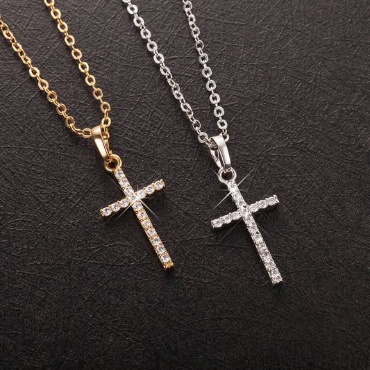 Simple Style Cross Alloy Plating Rhinestones Women'S Pendant Necklace