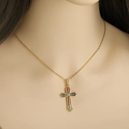 Simple Style Cross Copper Inlay Zircon Pendant Necklace