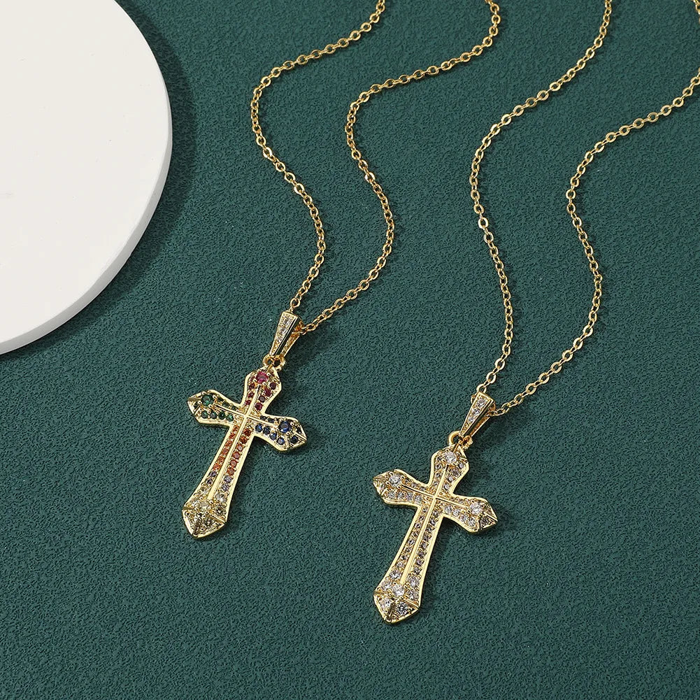 Simple Style Cross Copper Inlay Zircon Pendant Necklace