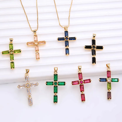 Simple Style Cross Copper Plating Inlay Glass Zircon 18k Gold Plated Pendant Necklace