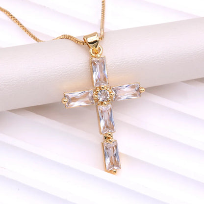 Simple Style Cross Copper Plating Inlay Glass Zircon 18k Gold Plated Pendant Necklace