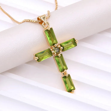 Simple Style Cross Copper Plating Inlay Glass Zircon 18k Gold Plated Pendant Necklace