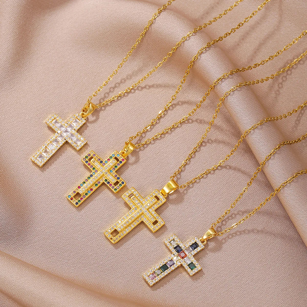 Simple Style Cross Copper Plating Inlay Zircon 18k Gold Plated Pendant Necklace