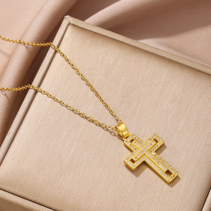 Simple Style Cross Copper Plating Inlay Zircon 18k Gold Plated Pendant Necklace