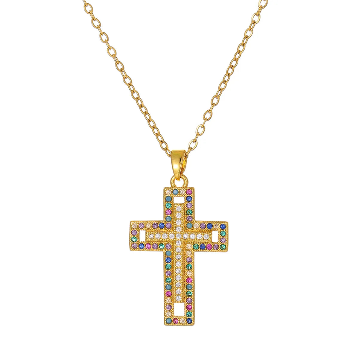 Simple Style Cross Copper Plating Inlay Zircon 18k Gold Plated Pendant Necklace