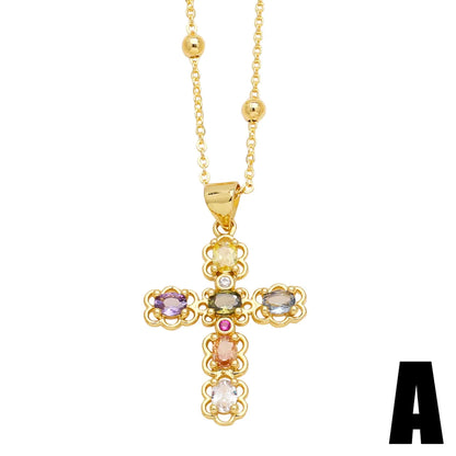 Simple Style Cross Copper Plating Inlay Zircon 18k Gold Plated Pendant Necklace