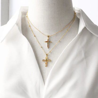 Simple Style Cross Copper Plating Inlay Zircon 18k Gold Plated Pendant Necklace