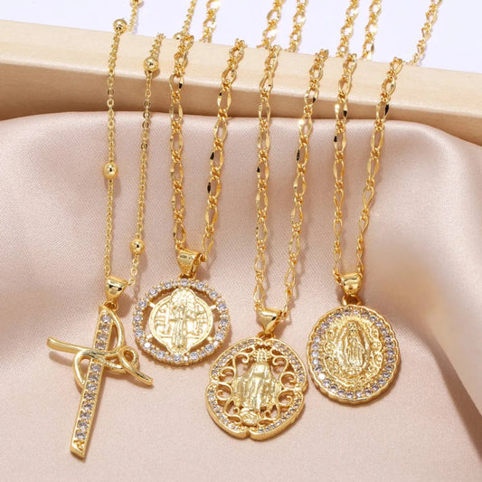 Simple Style Cross Copper Plating Inlay Zircon 18k Gold Plated Pendant Necklace