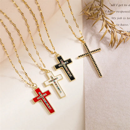 Simple Style Cross Copper Plating Inlay Zircon Gold Plated Pendant Necklace