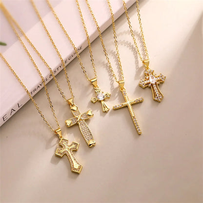 Simple Style Cross Copper Plating Inlay Zircon Gold Plated Pendant Necklace