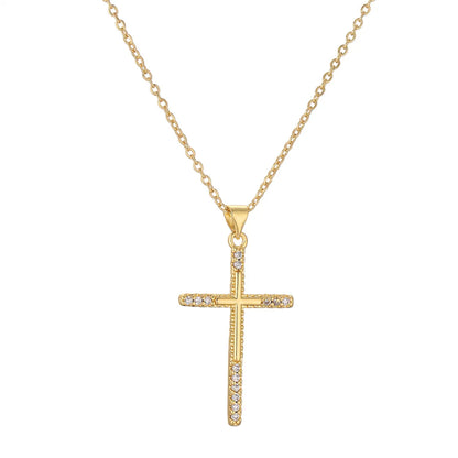 Simple Style Cross Copper Plating Inlay Zircon Gold Plated Pendant Necklace