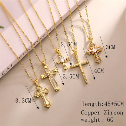 Simple Style Cross Copper Plating Inlay Zircon Gold Plated Pendant Necklace