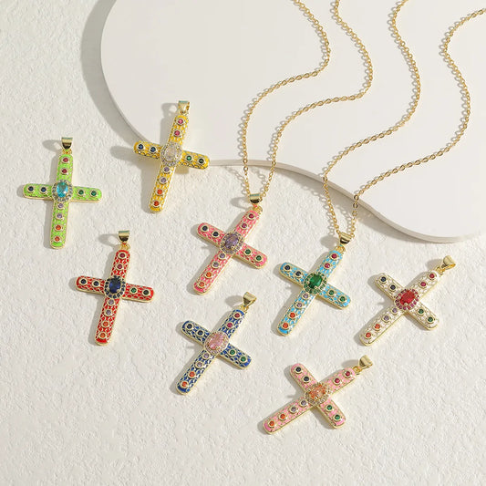 Simple Style Cross Copper Rhinestones Pendant Necklace In Bulk