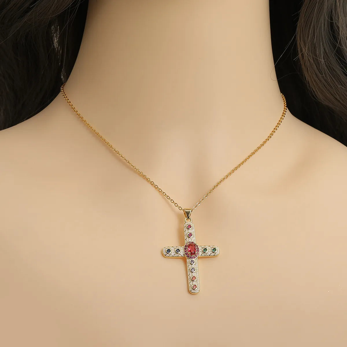 Simple Style Cross Copper Rhinestones Pendant Necklace In Bulk