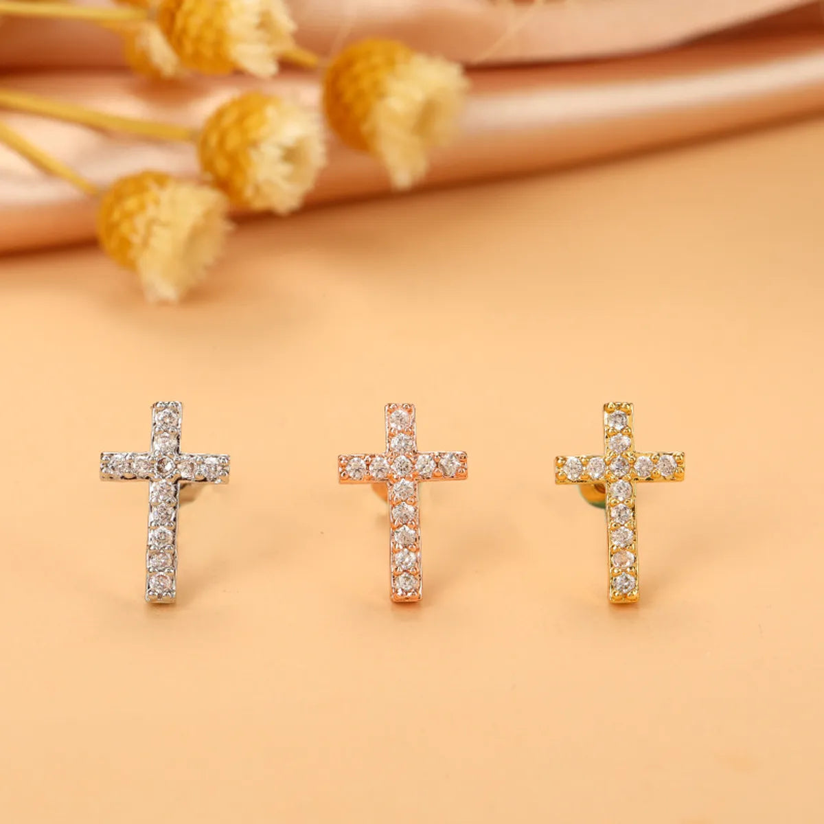 Simple Style Cross Flower Stainless Steel Copper Plating Inlay Zircon Ear Studs 1 Piece