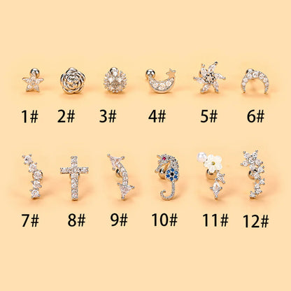 Simple Style Cross Flower Stainless Steel Copper Plating Inlay Zircon Ear Studs 1 Piece