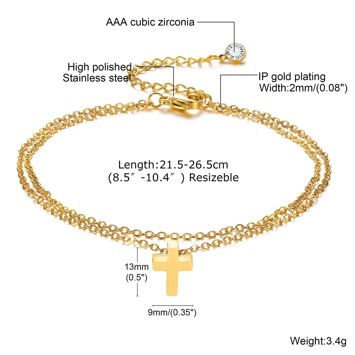 Simple Style Cross Stainless Steel Plating Inlay Zircon Gold Plated Women's Anklet