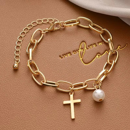 Simple Style Cross Heart Shape Artificial Pearl Alloy Plating Gold Plated Women'S Bracelets