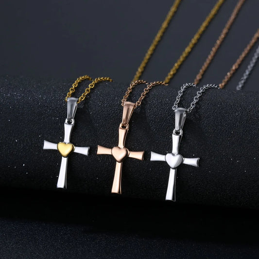 Simple Style Cross Heart Shape Titanium Steel Plating Women'S Pendant Necklace