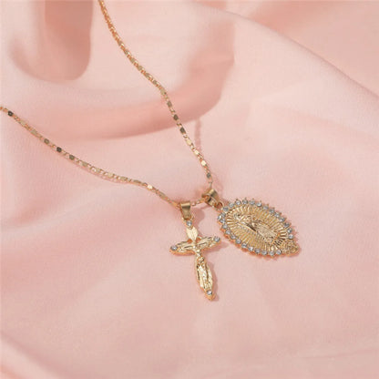 Simple Style Cross Imitation Diamond Alloy Plating Inlay Artificial Diamond Gold Plated Women'S Pendant Necklace