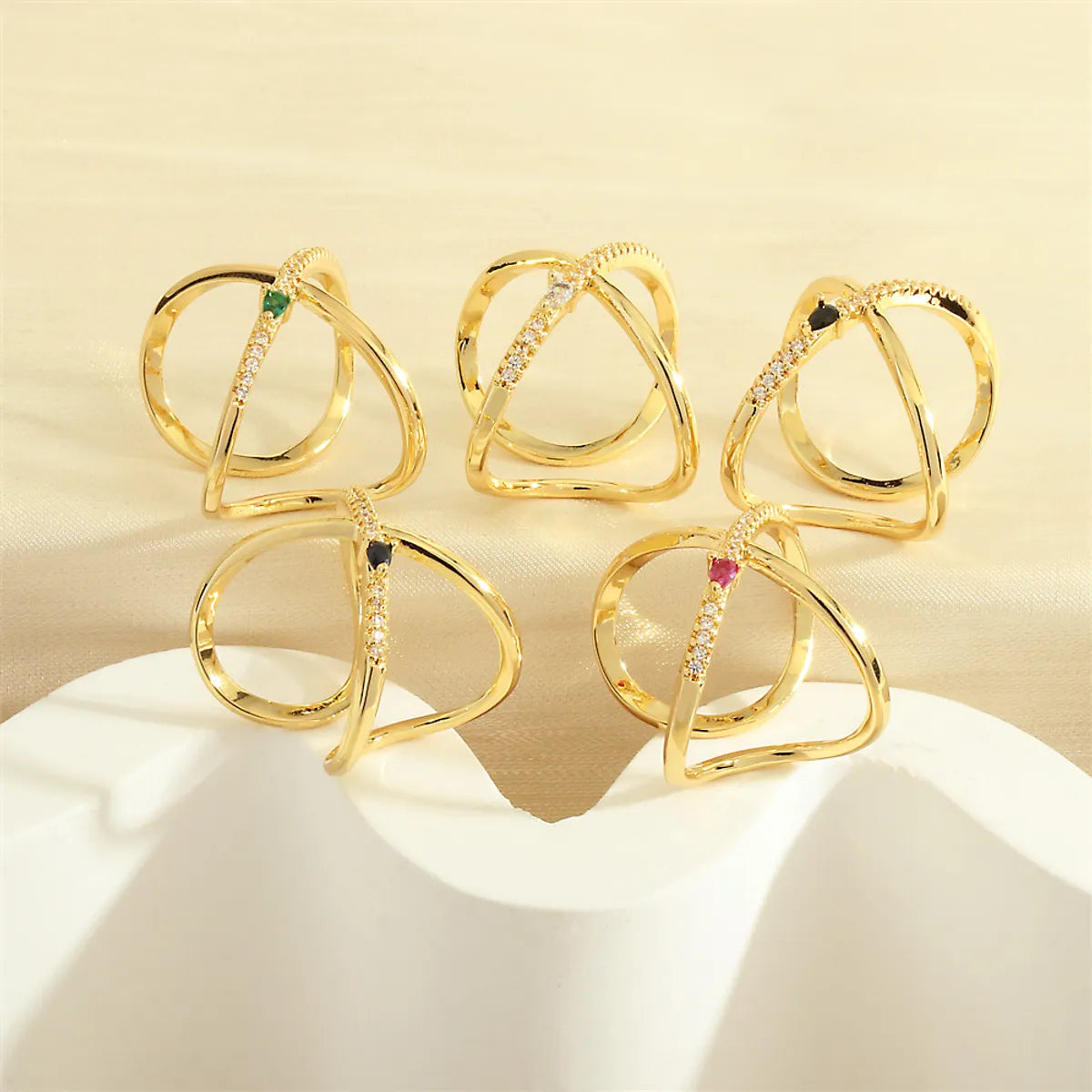 Simple Style Cross Lines Copper Plating Inlay Zircon 18k Gold Plated Open Rings