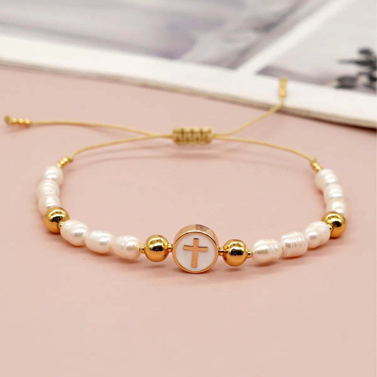 Simple Style Cross Round Freshwater Pearl Copper Beaded Bracelets