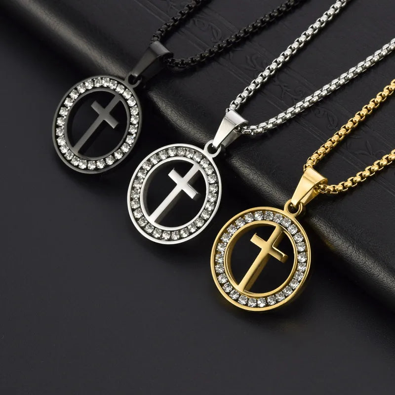 Simple Style Cross Round Stainless Steel Plating Hollow Out Inlay Zircon Unisex Pendant Necklace