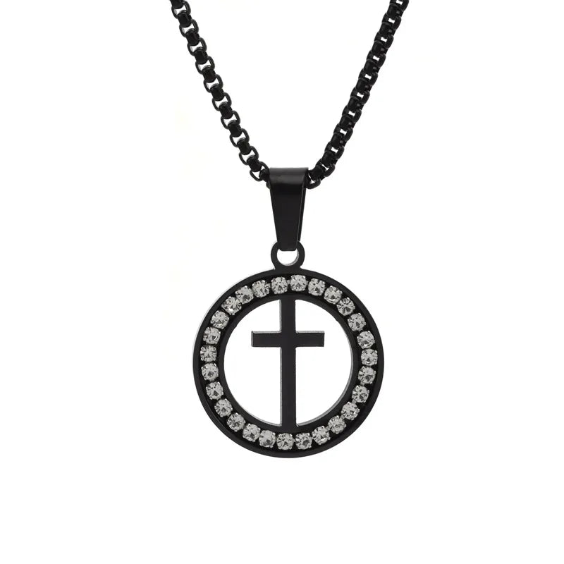 Simple Style Cross Round Stainless Steel Plating Hollow Out Inlay Zircon Unisex Pendant Necklace