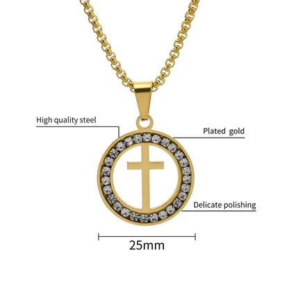 Simple Style Cross Round Stainless Steel Plating Hollow Out Inlay Zircon Unisex Pendant Necklace