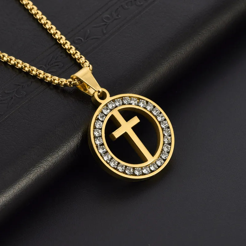 Simple Style Cross Round Stainless Steel Plating Hollow Out Inlay Zircon Unisex Pendant Necklace