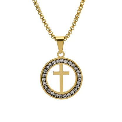 Simple Style Cross Round Stainless Steel Plating Hollow Out Inlay Zircon Unisex Pendant Necklace