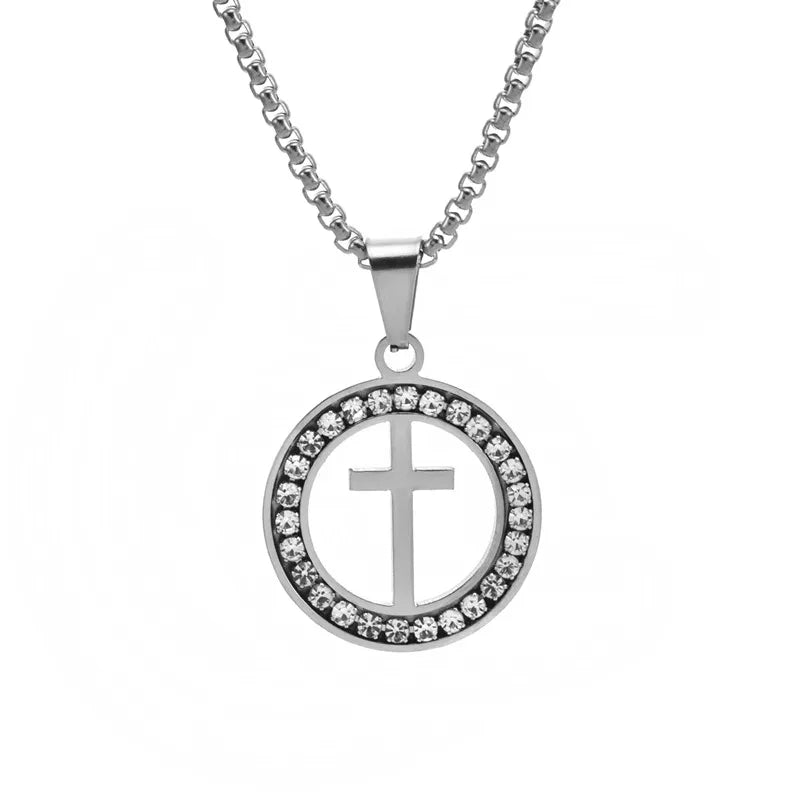 Simple Style Cross Round Stainless Steel Plating Hollow Out Inlay Zircon Unisex Pendant Necklace