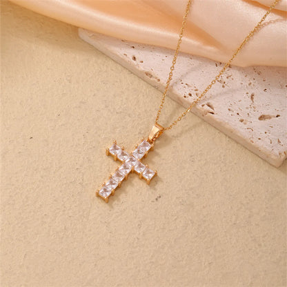 Simple Style Cross Stainless Steel Copper Plating Inlay Zircon Silver Plated Pendant Necklace