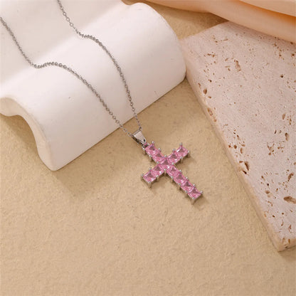 Simple Style Cross Stainless Steel Copper Plating Inlay Zircon Silver Plated Pendant Necklace