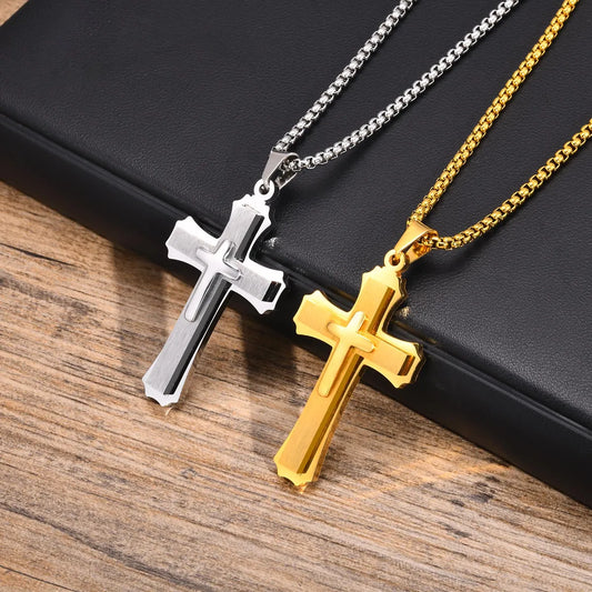 Simple Style Cross Stainless Steel Plating Three-dimensional 18k Gold Plated Men's Pendant Necklace