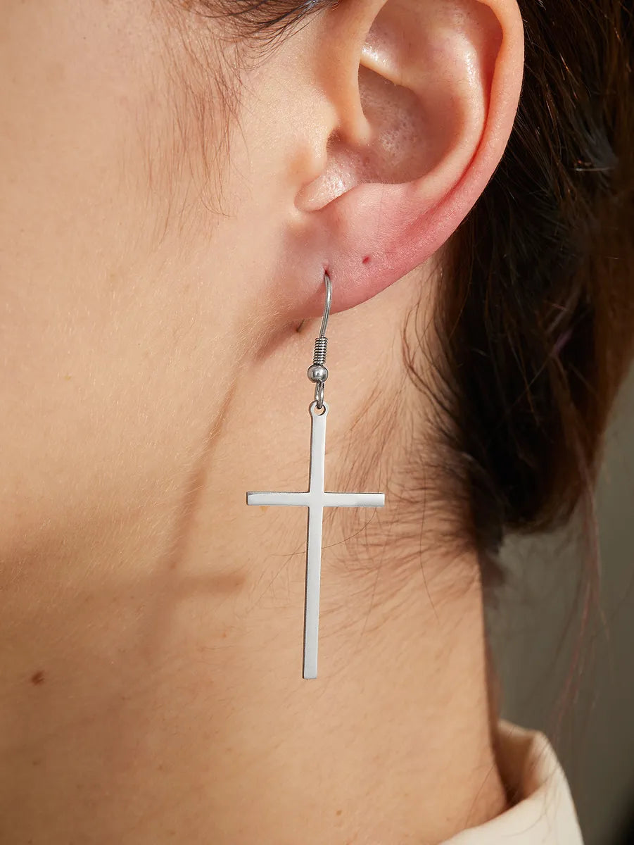 1 Pair Simple Style Cross Plating Stainless Steel Zircon 18k Gold Plated Silver Plated Ear Hook