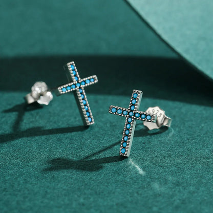 Simple Style Cross Sterling Silver Inlay Turquoise Ear Studs 1 Pair