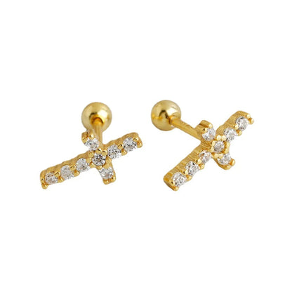 Simple Style Cross Sterling Silver Inlay Zircon Ear Studs 1 Pair