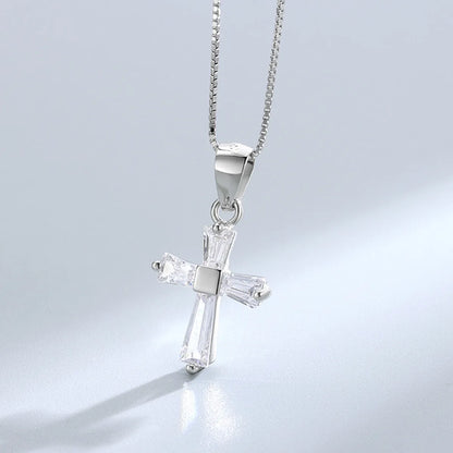 Simple Style Cross Sterling Silver Inlay Zircon Pendant Necklace