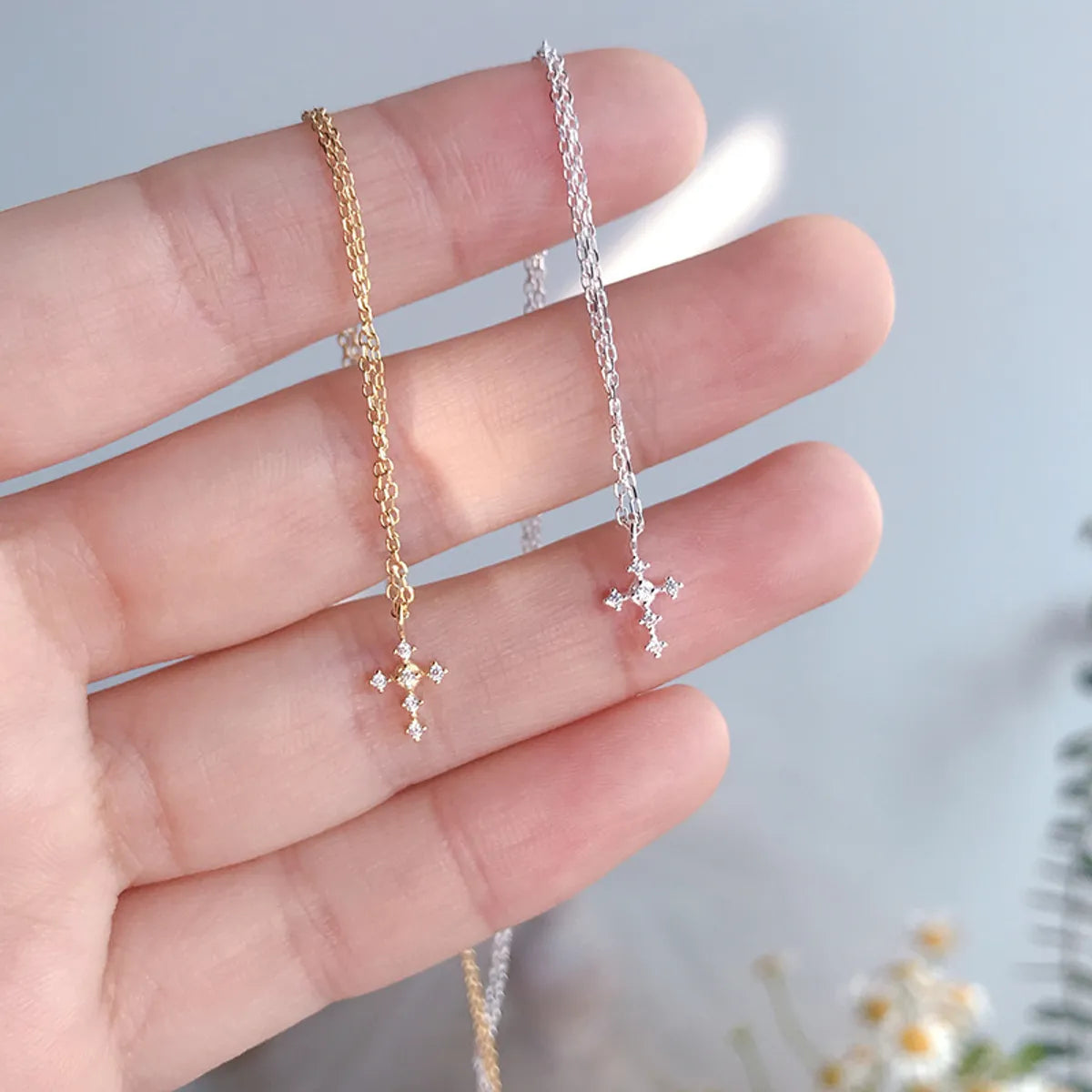 Simple Style Cross Sterling Silver Zircon Pendant Necklace In Bulk